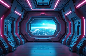Wall Mural - view of earth from futuristic spaceship corridor. sleek interior features neon blue and pink lights.