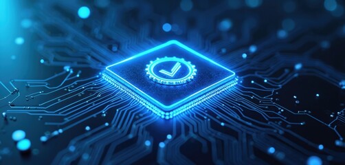 Poster - Digital illustration featuring glowing blue circuit board with central processor displaying verified checkmark icon. Symbol signifies quality control, ISO certification, business assurance within