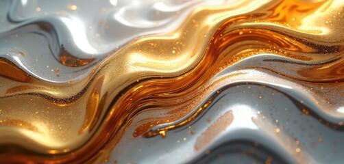 Leinwandbilder - Abstract artwork blends fluid metallic gold and silver waves, creating dynamic motion and luxurious texture. Tiny sparkling particles add depth and vibrant energy to the smooth, glossy surfaces.