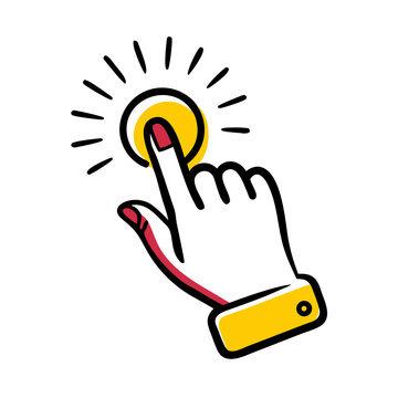 Stylized Hand Pressing a Yellow Button Illustration on Transparent Background for UI Design and Interactive Elements with Bold Lines and Modern Aesthetic