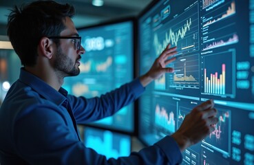 Poster - Researcher analyzes complex data on climate change in modern high-tech control room. Displays show graphs, statistics, trends. Expert uses digital screens for information, research, potential