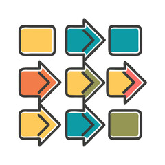 Poster - A Colorful Grid of Directional Arrow Icons in Square Frames on a Transparent Background for User Interface, Navigation, and Graphic Design Elements