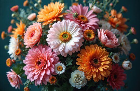 Vibrant floral illustration featuring vintage botanical bouquet with pink, orange, white gerbera daisies, roses. Delicate watercolor style, perfect for wallpaper, print, digital backgrounds, evoking