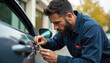 © Maryna - Pro locksmith expertly unlocks car door in residential area. Focused man with beard in blue uniform uses tools for vehicle entry. Provides auto assistance and security solutions.