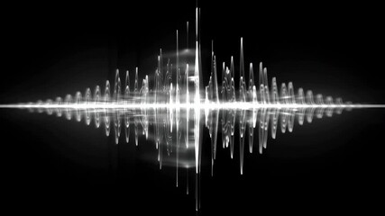 Poster - cinematic animation, monochrome voice record, artificial intelligence, waveform equalizer, visualizing audio wave, white pulsating signal on black background