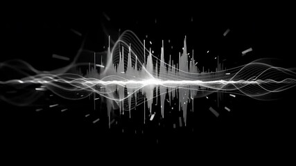 Poster - cinematic animation, monochrome voice record, artificial intelligence, waveform equalizer, visualizing audio wave, white pulsating signal on black background