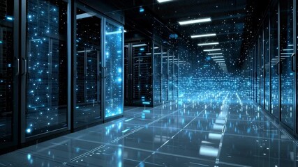 Poster - Cinematic wide-angle shot. Digital data flows dynamically across a network of glowing data servers behind glass panels in a modern data center. Cool blue and white lights.