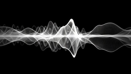 Poster - dynamic animation, white audio wave pulsating and visualizing sound on a black background, representing voice record, artificial intelligence