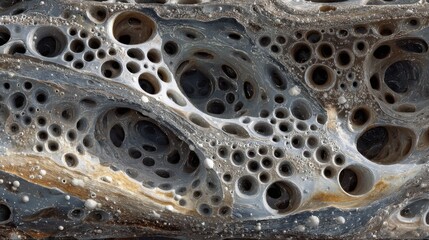Poster - Microscopic view of bioconcrete reveals intricate layers of spores integrated with concrete, showcasing a fascinating blend of nature and technology