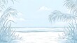 © Jojo* - Light blue line drawing of a tropical beach scene.