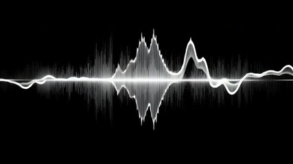 Poster - ultra-realistic animation, white waveform equalizer pulsating on a black background, representing voice record, AI, audio visualization