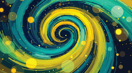Poster - Abstract swirl design in teal and yellow colors with brushstroke texture and bokeh effect.