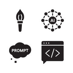 a set of four black and white icons representing ai torch prompt and coding symbols in a square layo