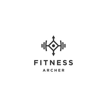 Fitness with dumbbell and arrow style logo design template flat vector