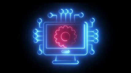 Wall Mural - glowing neon Technology data network animation neon digital System glow technology icon animation black background.4k