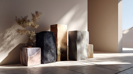 Poster - product mockup natural stones with a flat top serving as podiums in a minimalist setting, sun and shadows