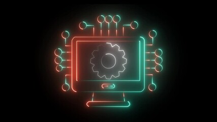 Wall Mural - glowing neon Technology data network animation neon digital System glow technology icon animation black background.4k