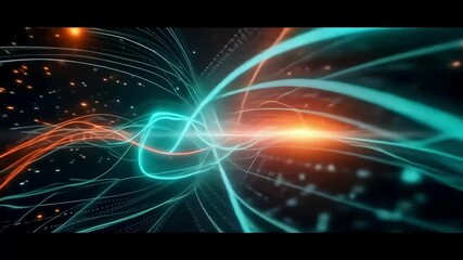 Poster - Streamlined network data pulses in teal and orange for a dynamic futuristic tech feel against dark background.
