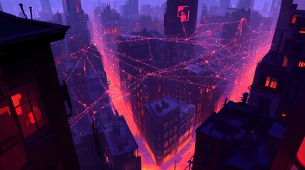 Poster - Night cityscape with glowing network connections.