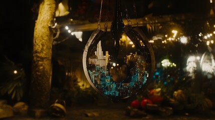 Poster - A hanging, illuminated orb depicting a digital cityscape.