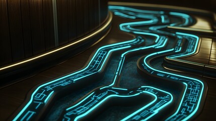 Poster - Intricate glowing pathways in a dark futuristic space.