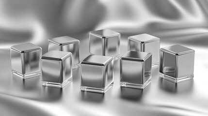 Poster - Polished silver cubes arranged on a reflective surface.