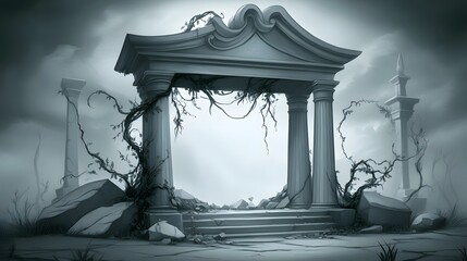 Poster - Ruined stone archway in a misty, overgrown landscape.