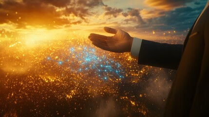 Poster - A hand reaching out over a city network at sunset.