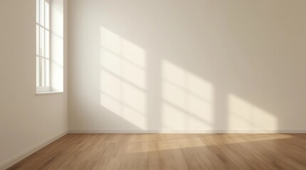 Poster - Mock-up of white empty room and wood laminate floor with sun light cast the shadow on the wall,Perspective of minimal inteior design on nature background. 3D rendering