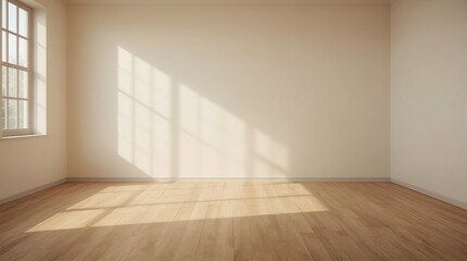 Poster - Mock-up of white empty room and wood laminate floor with sun light cast the shadow on the wall,Perspective of minimal inteior design on nature background. 3D rendering