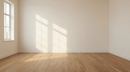 Poster - Mock-up of white empty room and wood laminate floor with sun light cast the shadow on the wall,Perspective of minimal inteior design on nature background. 3D rendering