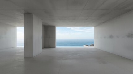 Poster - Modern empty room with concrete floor and large window on sea background. 3d render 