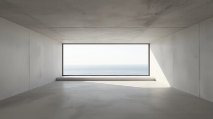 Poster - Modern empty room with concrete floor and large window on sea background. 3d render 