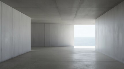 Poster - Modern empty room with concrete floor and large window on sea background. 3d render 