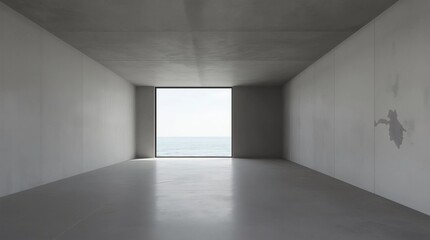 Poster - Modern empty room with concrete floor and large window on sea background. 3d render 
