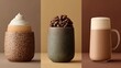 © CHAIYAPHON - Three different types of coffee drinks stand together against a plain background in a vertical studio shot.