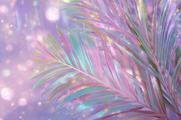 Poster - Bright mint and green holographic neon colored abstract palm leaves on pink background with interlaced digital Motion glitch effect. 90s night club jungle beach summer party retro style flyer template
