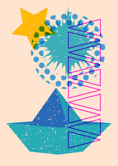 Poster - Risograph paper ship with geometric shapes. Objects in trendy riso graph print texture style design with geometry elements.