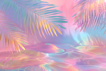 Poster - Bright mint and green holographic neon colored abstract palm leaves on pink background with interlaced digital Motion glitch effect. 90s night club jungle beach summer party retro style flyer template