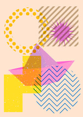 Poster - Risograph paper ship with geometric shapes. Objects in trendy riso graph print texture style design with geometry elements.