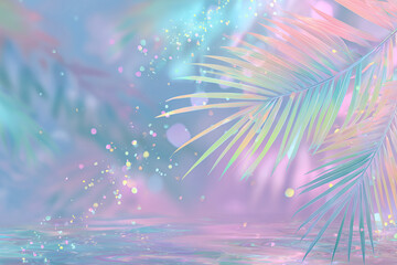 Poster - Bright mint and green holographic neon colored abstract palm leaves on pink background with interlaced digital Motion glitch effect. 90s night club jungle beach summer party retro style flyer template