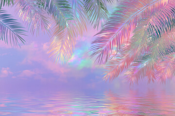 Poster - Bright mint and green holographic neon colored abstract palm leaves on pink background with interlaced digital Motion glitch effect. 90s night club jungle beach summer party retro style flyer template