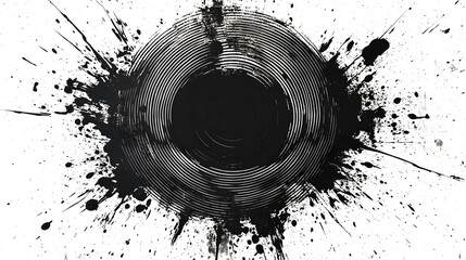 Poster - A black and white image of a circle with concentric circles radiating out, surrounded by black splatter marks on a white background.