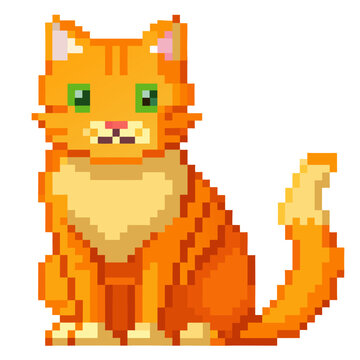 a pixel art illustration of an orange tabby cat with green eyes, pink inner ears, and a cream-colored chest and belly.