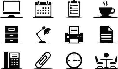Poster - Black and White Office Icons Computer Calendar Clipboard Coffee Cup