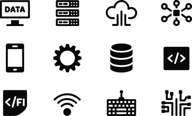 Poster - Black and White Data and Technology Icons Set computer