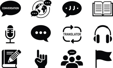 Poster - Black and White Communication Icons Set Conversation Translation Speech Bubbles