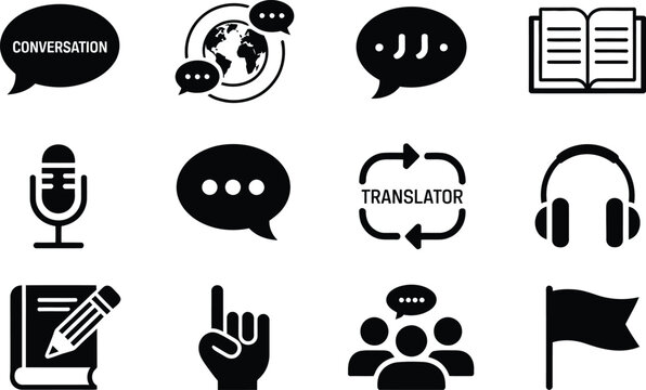 Black and White Communication Icons Set Conversation Translation Speech Bubbles