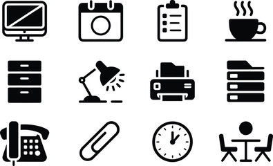 Poster - Black and White Office Icons Set Computer Calendar Clipboard Coffee Cup