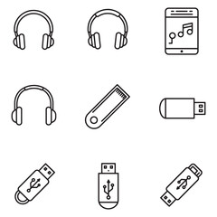 Aufkleber - Black and white outlined icons of headphones music devices and usb flash drives